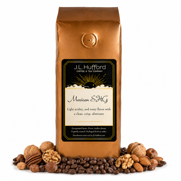 1 lb J.L. Hufford Mexican SHG coffee bag with coffee beans and an assortment of nuts on a white background