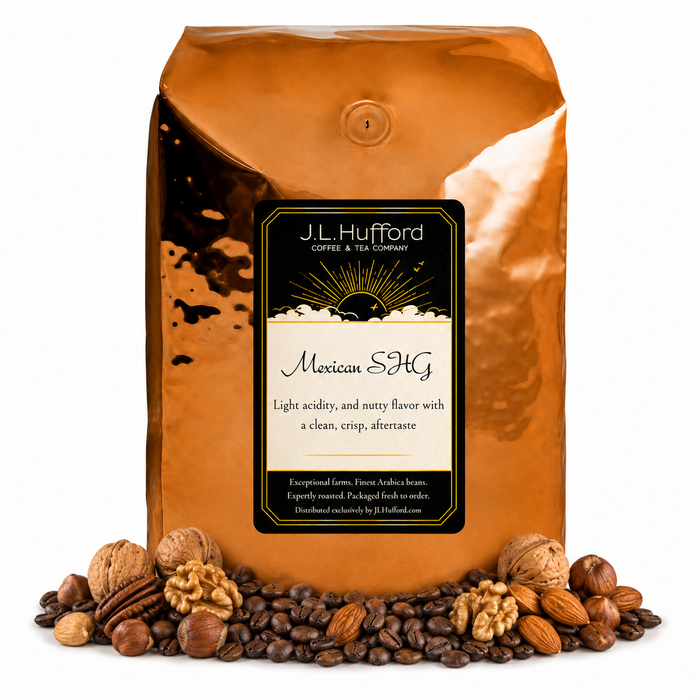 5 lb J.L. Hufford Mexican SHG coffee bag with coffee beans and an assortment of nuts on a white background
