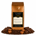 1 lb J.L. Hufford Midnight Chocolate Dream coffee bag with coffee beans, chocolate, and blocks of caramel on a white background