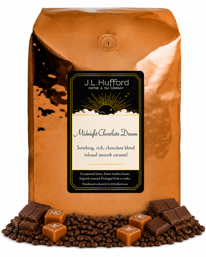 5 lb J.L. Hufford Midnight Chocolate Dream coffee bag with coffee beans, chocolate, and blocks of caramel on a white background