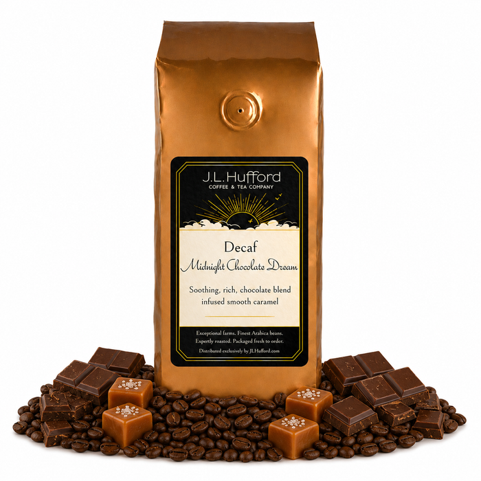 1 lb J.L. Hufford Decaf Midnight Chocolate Dream coffee bag with coffee beans, chocolate, and blocks of caramel on a white background