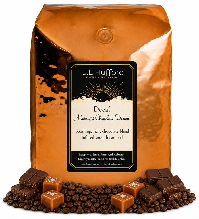 5 lb J.L. Hufford Decaf Midnight Chocolate Dream coffee bag with coffee beans, chocolate, and blocks of caramel on a white background