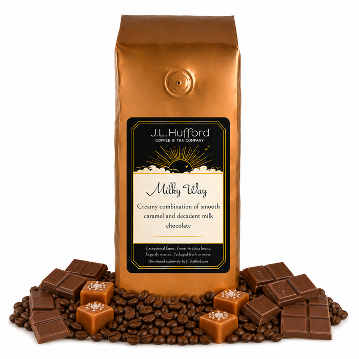 1 lb J.L. Hufford Milky Way coffee bag with coffee beans, chocolate, and blocks of caramel on a white background