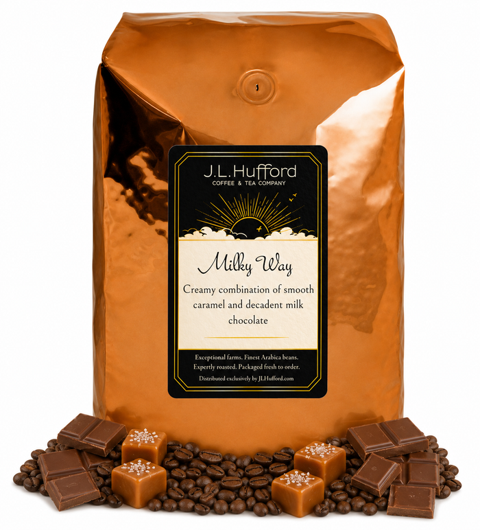 5 lb J.L. Hufford Milky Way coffee bag with coffee beans, chocolate, and blocks of caramel on a white background