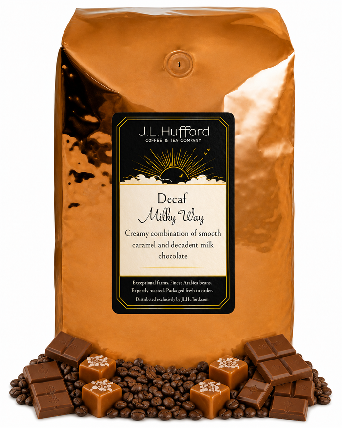 5 lb J.L. Hufford Decaf Milky Way coffee bag with coffee beans, chocolate, and blocks of caramel on a white background