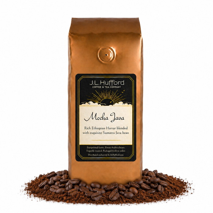1 lb J.L. Hufford Mocha Java coffee bag with coffee beans and mocha powder on a white background