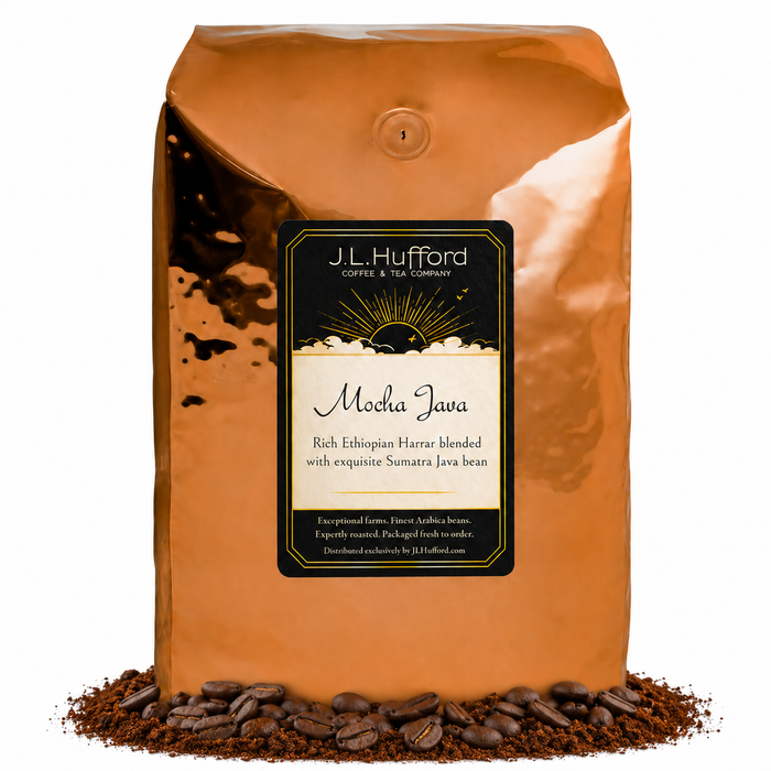 5 lb J.L. Hufford Mocha Java coffee bag with coffee beans and mocha powder on a white background