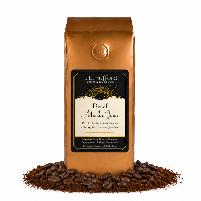 1 lb J.L. Hufford Decaf Mocha Java coffee bag with coffee beans and mocha powder on a white background
