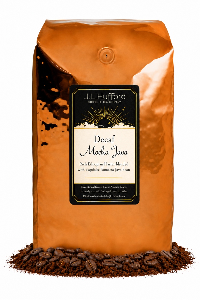 5 lb J.L. Hufford Decaf Mocha Java coffee bag with coffee beans and mocha powder on a white background