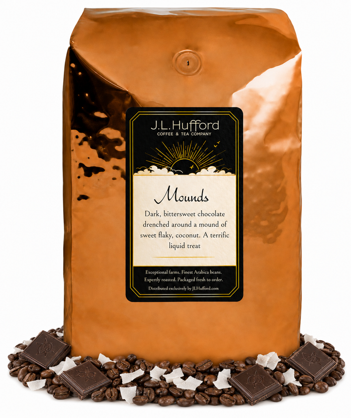 5 lb J.L. Hufford Mounds coffee bag with coffee beans, blocks of chocolate, and flakes of coconut on a white background