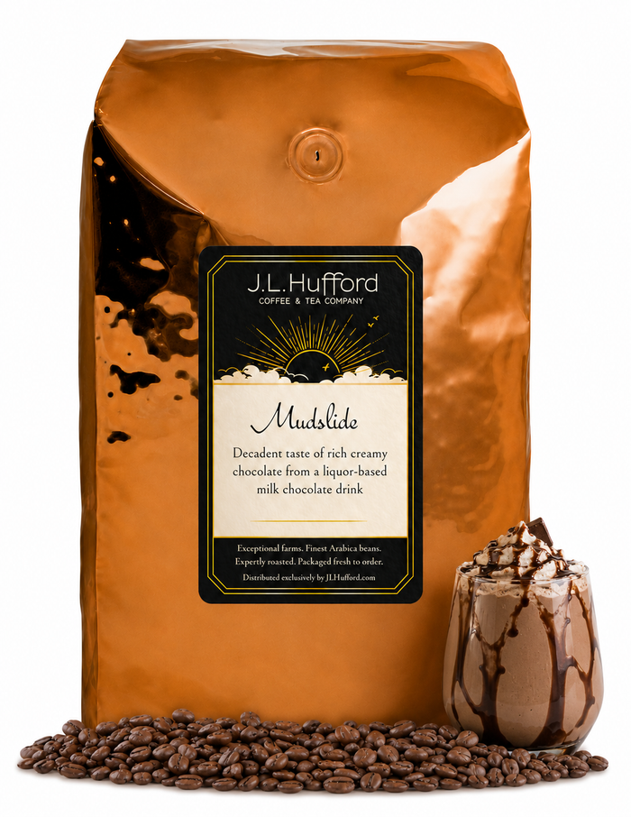 5 lb J.L. Hufford Mudslide coffee bag with coffee beans and mudslide drink on a white background