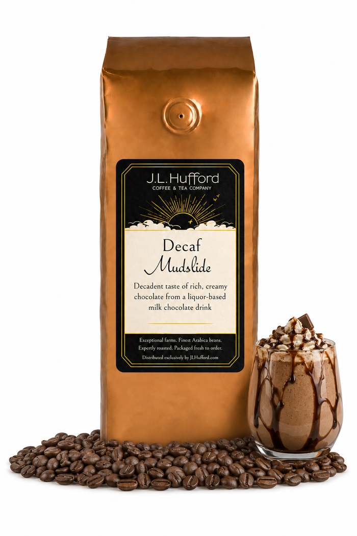 1 lb J.L. Hufford Decaf Mudslide coffee bag with coffee beans and mudslide drink on a white background