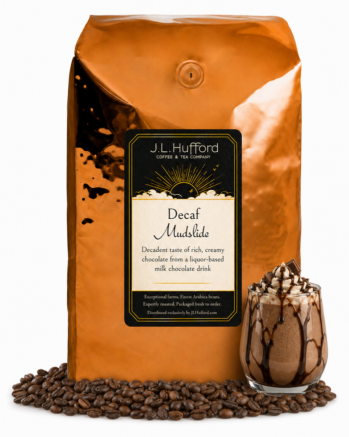 5 lb J.L. Hufford Decaf Mudslide coffee bag with coffee beans and mudslide drink on a white background