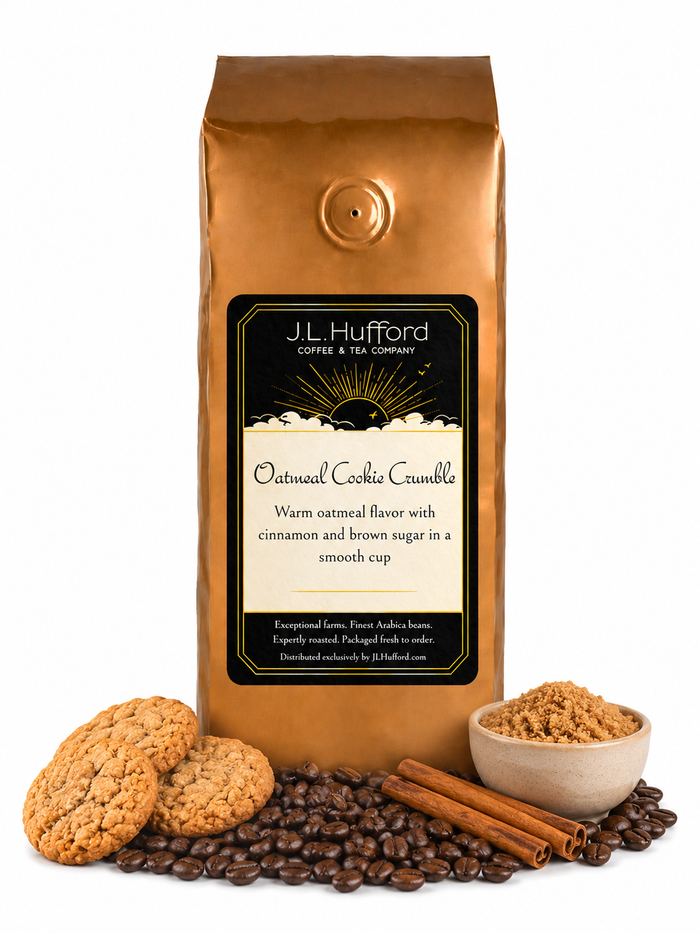 1 lb J.L. Hufford Oatmeal Cookie Crumble coffee bag with coffee beans, oatmeal cookies, cinnamon sticks, and bowl of brown sugar on a white background