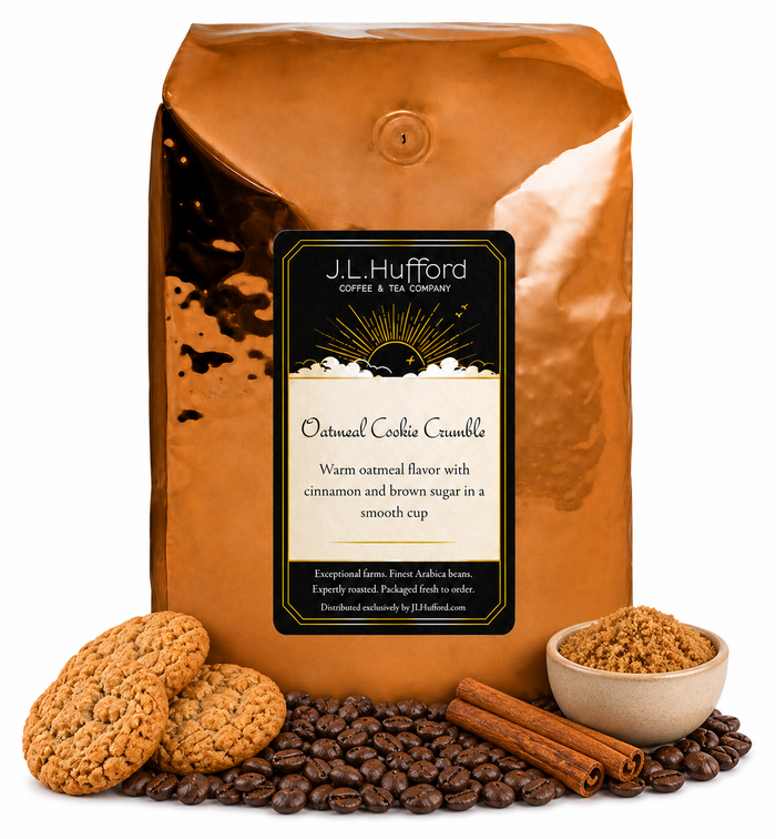 5 lb J.L. Hufford Oatmeal Cookie Crumble coffee bag with coffee beans, oatmeal cookies, cinnamon sticks, and bowl of brown sugar on a white background