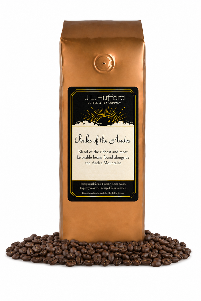 1 lb J.L. Hufford Peaks of the Andes coffee bag with coffee beans on a white background