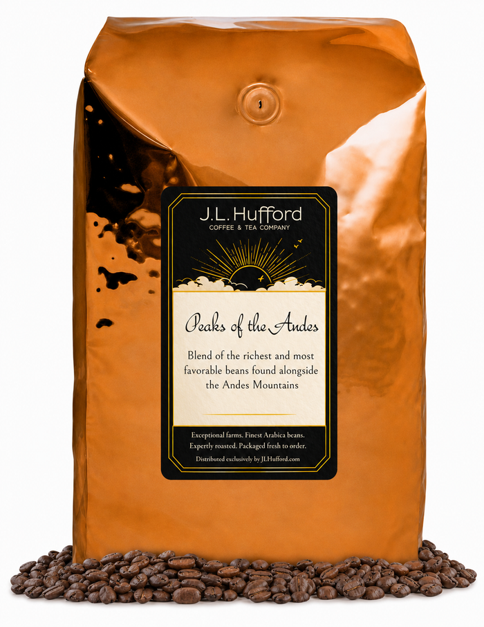 5 lb J.L. Hufford Peaks of the Andes coffee bag with coffee beans on a white background
