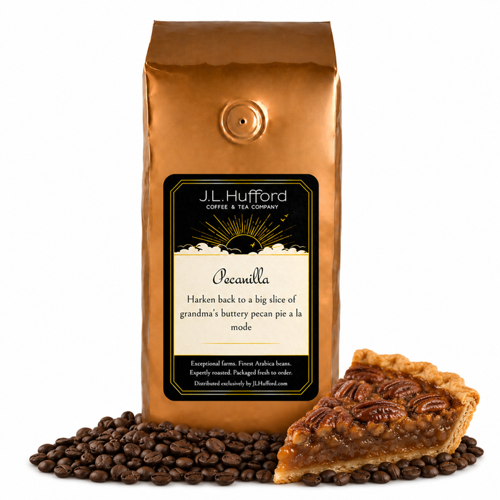 1 lb J.L. Hufford Pecanilla coffee bag with coffee beans and a slice of buttery pecan pie on a white background