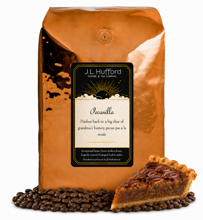 5 lb J.L. Hufford Pecanilla coffee bag with coffee beans and a slice of buttery pecan pie on a white background