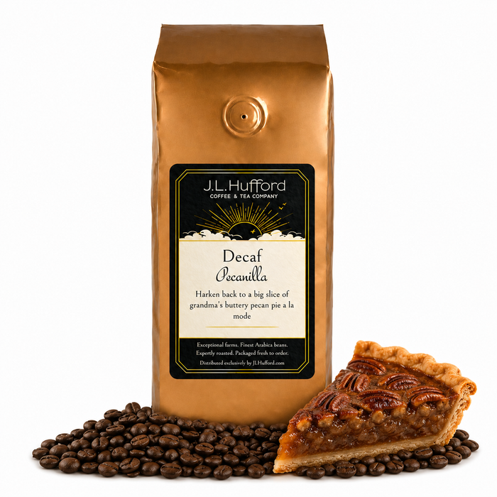 1 lb J.L. Hufford Decaf Pecanilla coffee bag with coffee beans and a slice of buttery pecan pie on a white background