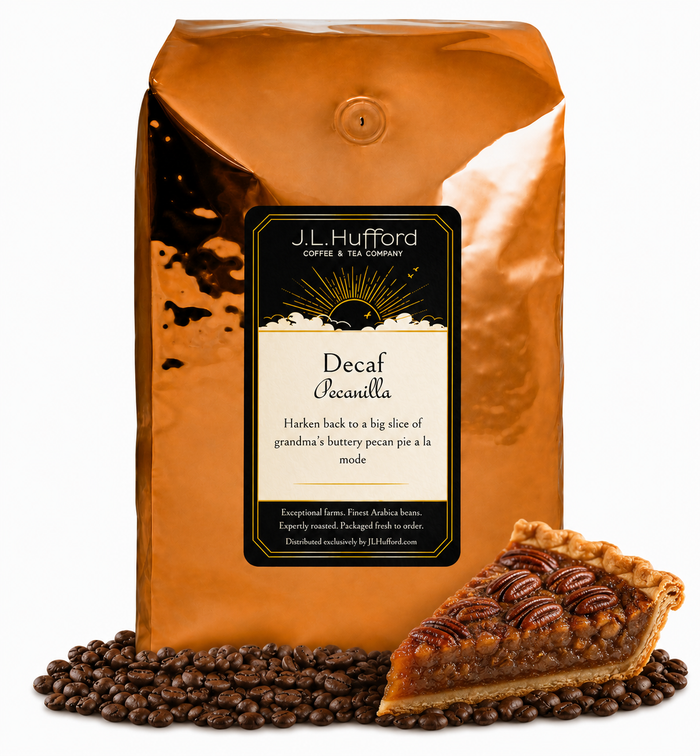 5 lb J.L. Hufford Decaf Pecanilla coffee bag with coffee beans and a slice of buttery pecan pie on a white background