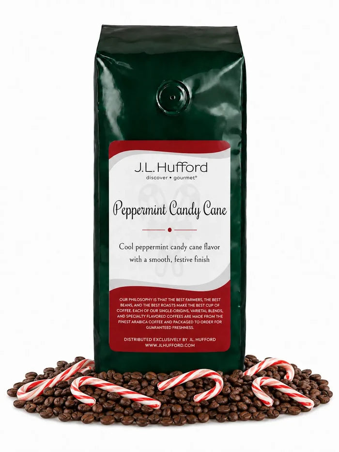 1 lb Peppermint Candy Cane coffee beans bag with coffee beans and peppermint candy canes in front displayed on a white background