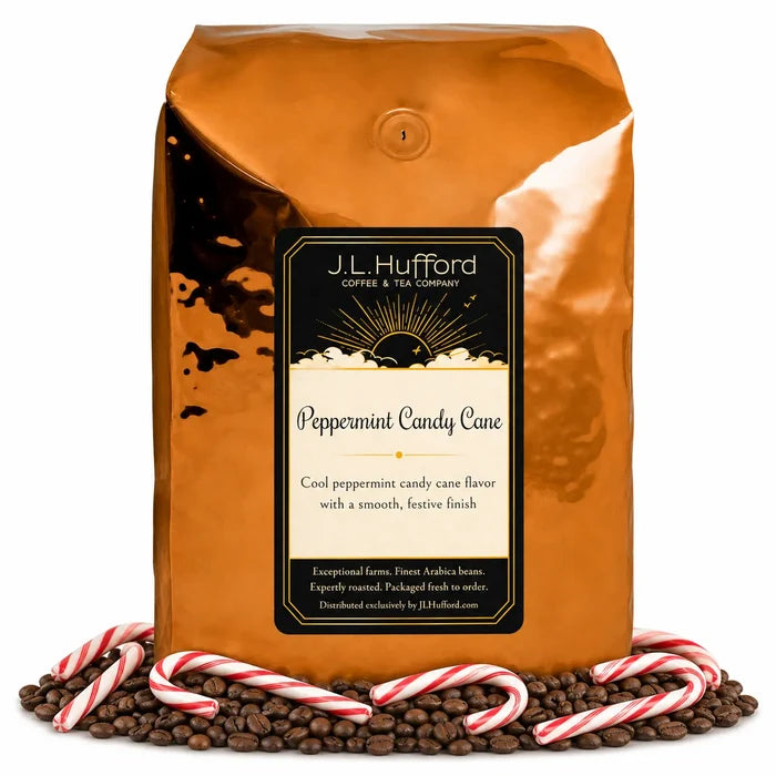 5 lb Peppermint Candy Cane coffee beans bag with coffee beans and peppermint candy canes in front displayed on a white background