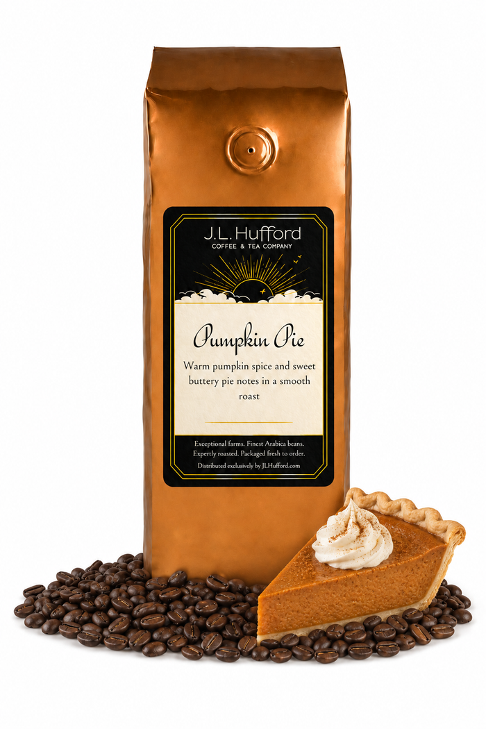 1 lb J.L. Hufford Pumpkin Pie coffee bag with coffee beans and a slice of pumpkin pie on a white background