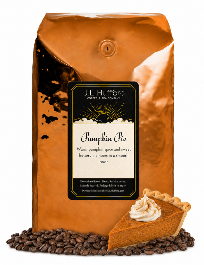 5 lb J.L. Hufford Pumpkin Pie coffee bag with coffee beans and a slice of pumpkin pie on a white background