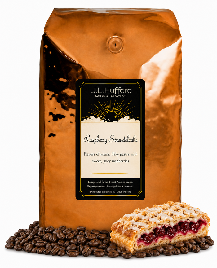 5 lb J.L. Hufford Raspberry Streudelcake coffee bag with coffee beans and a slice of raspberry streudelcake on a white background