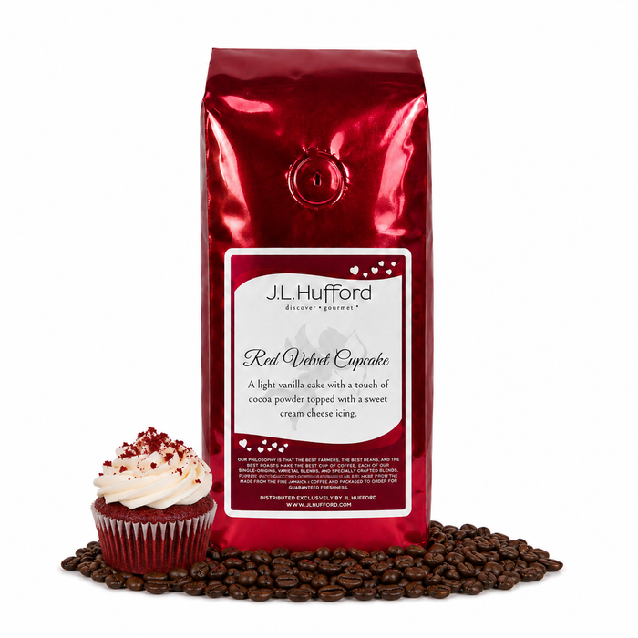 1 lb Red Velvet Cupcake coffee beans bag with coffee beans and red velvet cupcake in front displayed on a white background