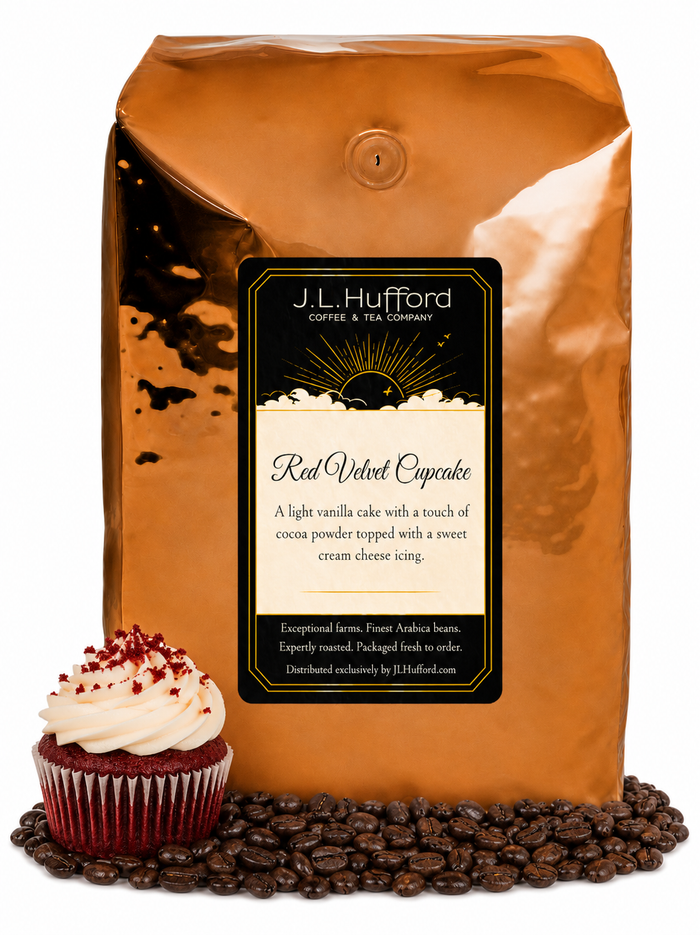 5 lb Red Velvet Cupcake coffee beans bag with coffee beans and red velvet cupcake in front displayed on a white background