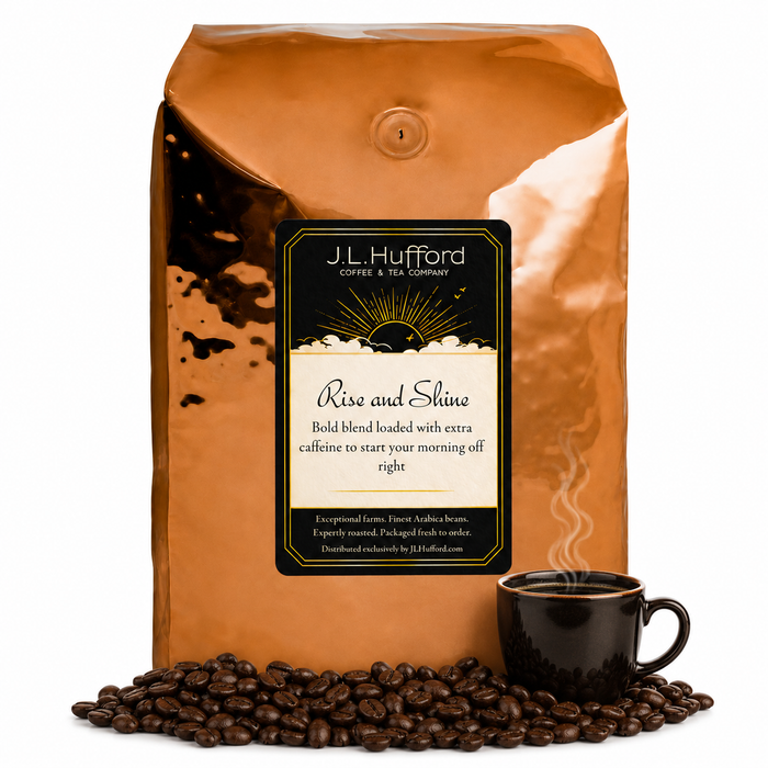 5 lb J.L. Hufford Rise and Shine coffee bag with coffee beans and mug of coffee on a white background