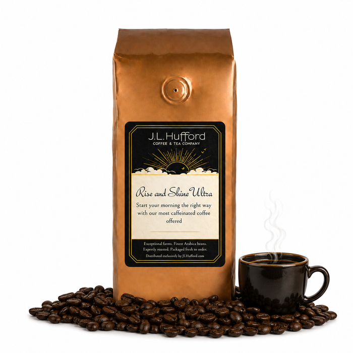 1 lb J.L. Hufford Rise and Shine Ultra coffee bag with coffee beans and mug of coffee on a white background