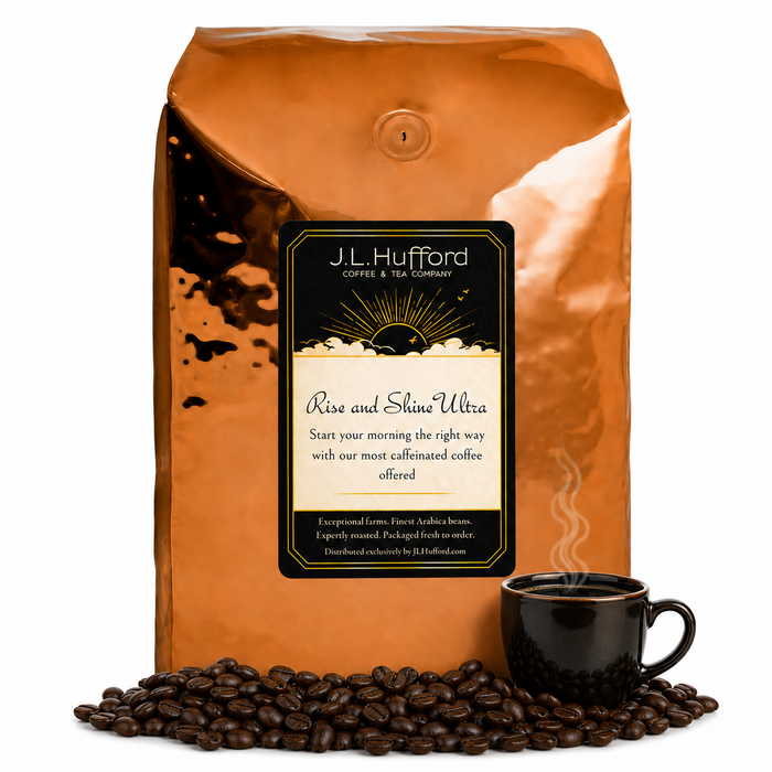 5 lb J.L. Hufford Rise and Shine Ultra coffee bag with coffee beans and mug of coffee on a white background