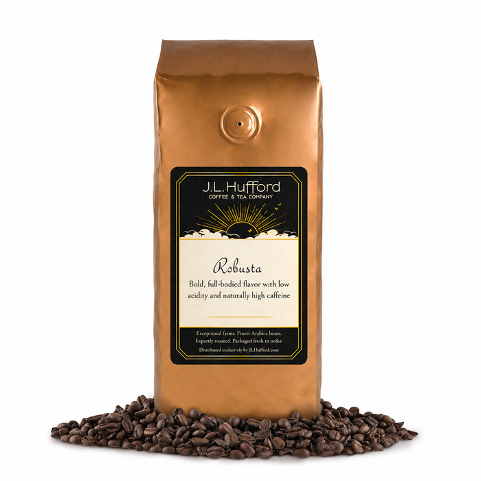1 lb J.L. Hufford Robusta coffee bag with coffee beans on a white background