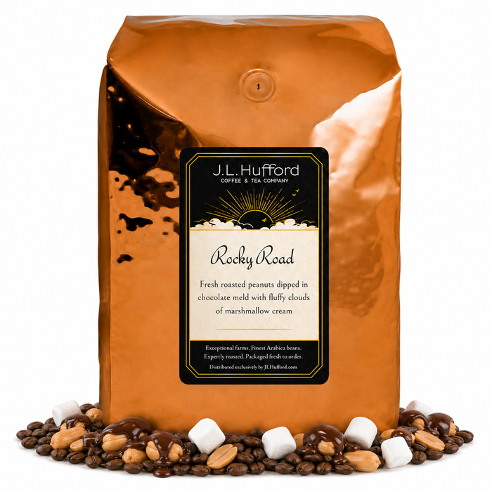 5 lb J.L. Hufford Rocky Road coffee bag with coffee beans, marshmallows, and peanuts covered in melted chocolate on a white background