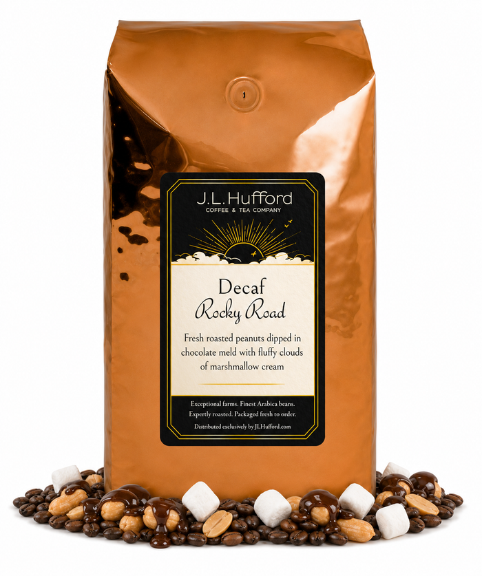 5 lb J.L. Hufford Decaf Rocky Road coffee bag with coffee beans, marshmallows, and peanuts covered in melted chocolate on a white background