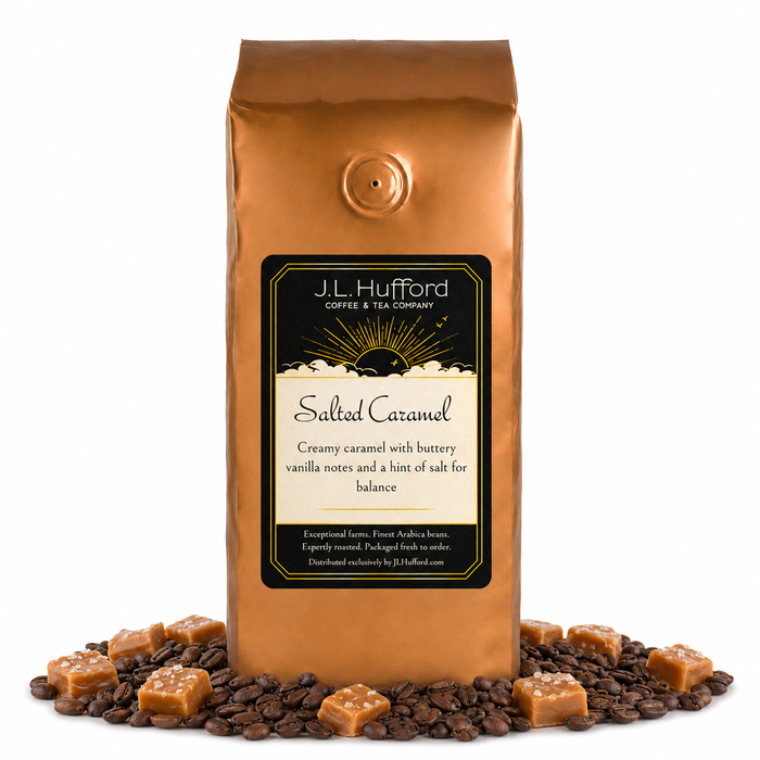 1 lb J.L. Hufford Salted Caramel coffee bag with coffee beans and blocks of salted caramel on a white background