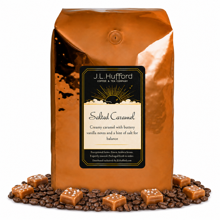5 lb J.L. Hufford Salted Caramel coffee bag with coffee beans and blocks of salted caramel on a white background