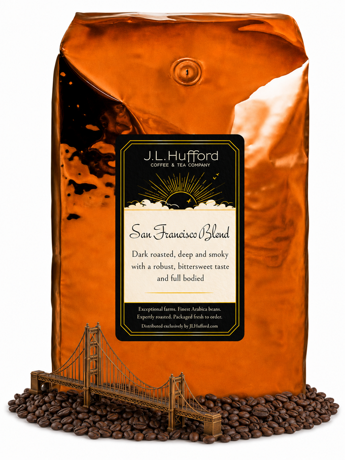 5 lb J.L. Hufford San Francisco Blend Coffee with coffee beans and San Francisco bridge in front displayed on a white background