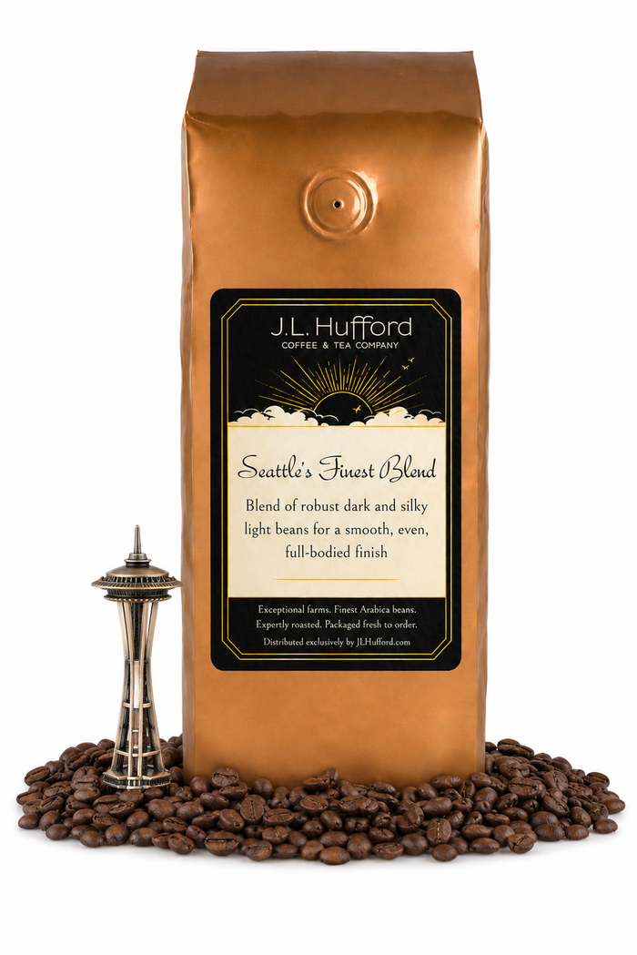 1 lb J.L. Hufford Seattle's Finest Blend coffee bag with coffee beans and space needle on a white background