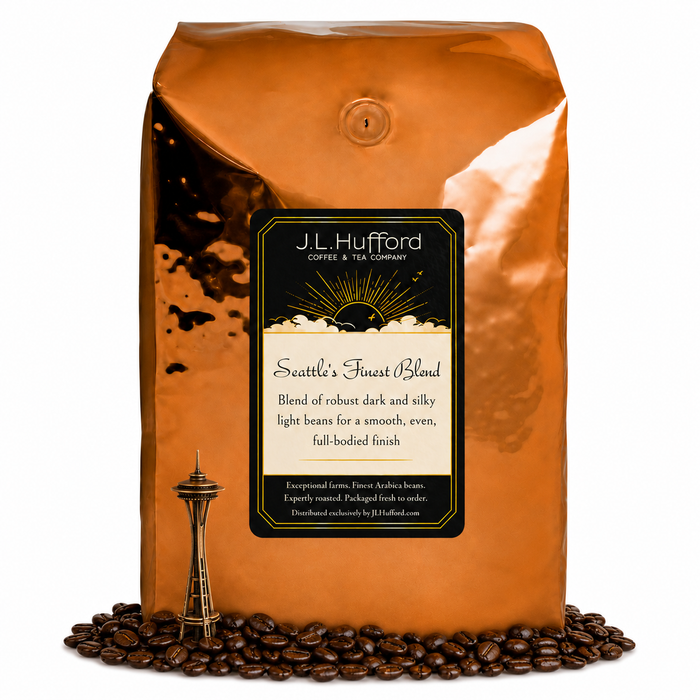 5 lb J.L. Hufford Seattle's Finest Blend coffee bag with coffee beans and space needle on a white background