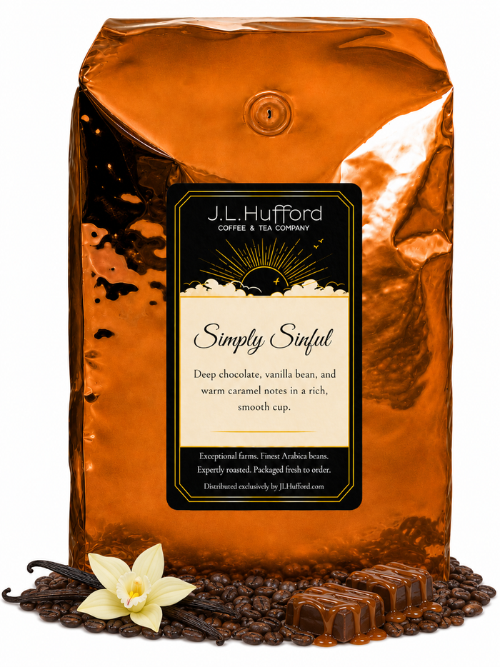 5 lb Simply Sinful coffee beans bag with coffee beans, vanilla, and bar of chocolate drizzled with caramel in front displayed on a white background