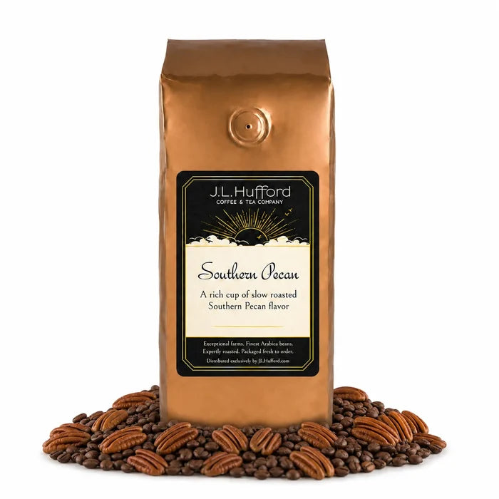 1 lb J.L. Hufford Southern Pecan coffee bag with coffee beans and pecans on a white background