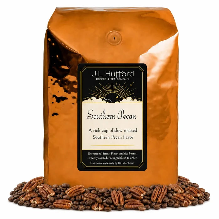 5 lb J.L. Hufford Southern Pecan coffee bag with coffee beans and pecans on a white background