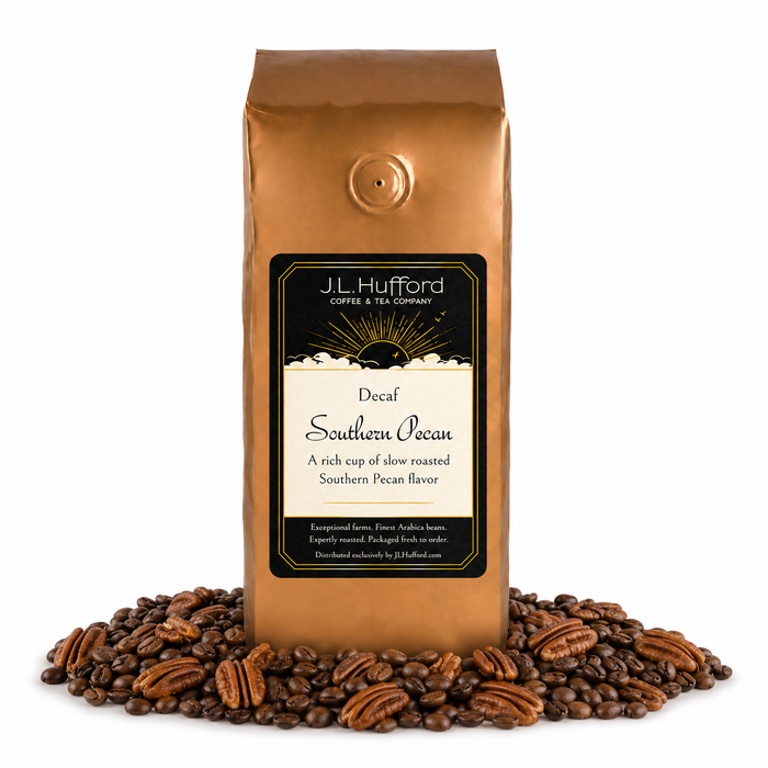 1 lb J.L. Hufford Decaf Southern Pecan coffee bag with coffee beans and pecans on a white background