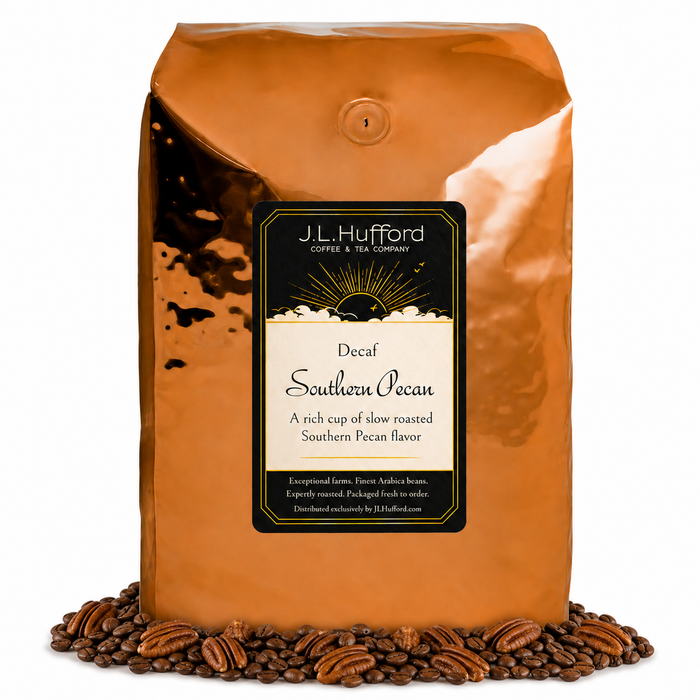 5 lb J.L. Hufford Decaf Southern Pecan coffee bag with coffee beans and pecans on a white background