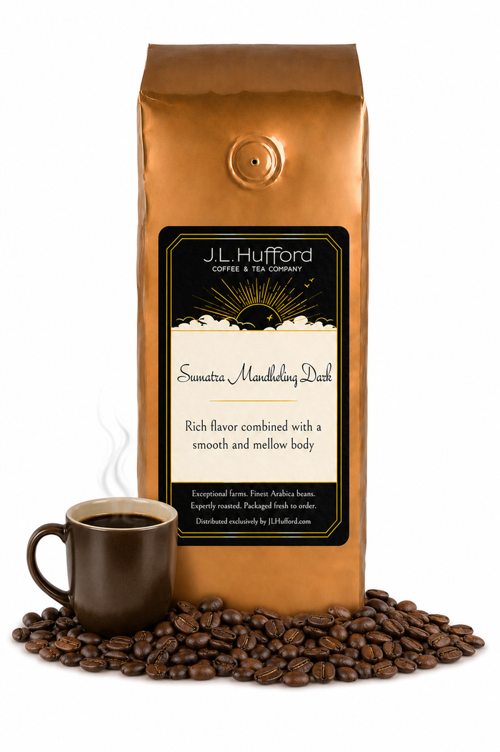1 lb J.L. Hufford Sumatra Mandheling Dark coffee bag with coffee beans and a mug of coffee on a white background