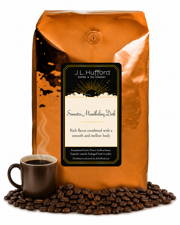 5 lb J.L. Hufford Sumatra Mandheling Dark coffee bag with coffee beans and a mug of coffee on a white background